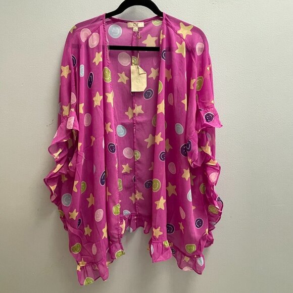 Easel Tops - Easel Smiles For Days Multicolor Short Sleeve Kimono - Size L - NWT